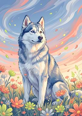 Husky in a Field of Flowers