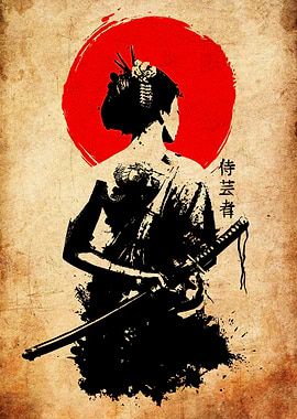 Samurai Geisha with Katana and Red Sun