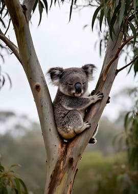 Koala resting on a eucalyptus tree