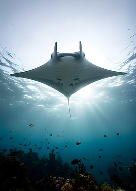 Manta Ray swimming over coral reef