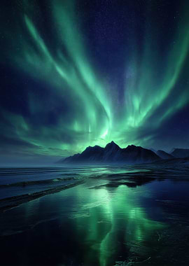 Aurora Borealis Over Mountains and Ocean