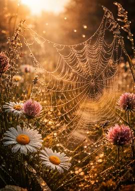 Dewy Spiderweb in Golden Morning Light