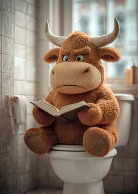 Plush Bull Reading on Toilet