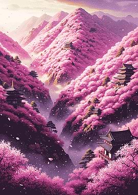 Cherry Blossom Valley with Pagodas