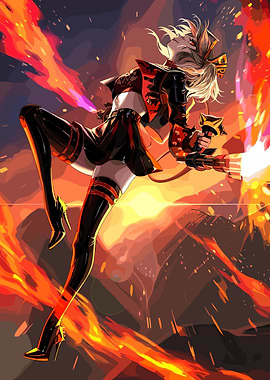 Anime Girl Firing Gun Amidst Flames