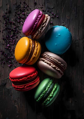 Colorful Macarons on Dark Wood