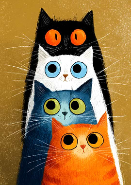 Four Stacked Cats with Big Eyes