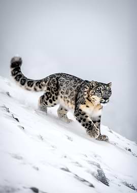 Snow Leopard Walking on Snowy Slope
