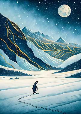 Journey of Solitude But Why: Lone Penguin Walking Under Moonlit Snow Mountains