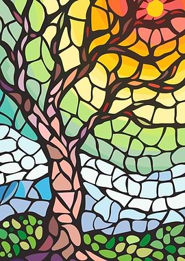 Stained Glass Tree with Sun