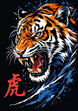Fierce Tiger Roaring with Japanese Kanji