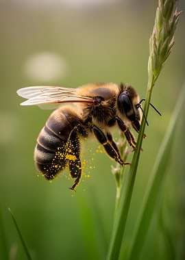 Bee covered in pollen on a blade of grass