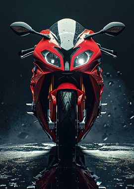 Red Sport Motorcycle on Wet Surface