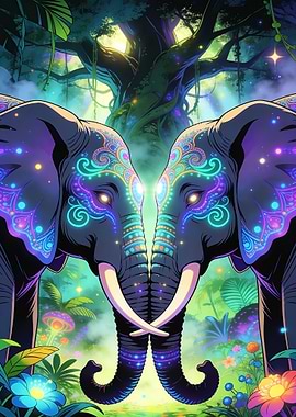 Two Elephants in a Mystical Forest