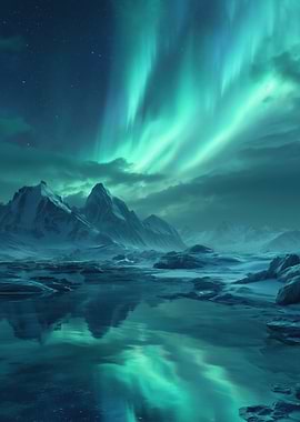 Aurora Borealis Over Icy Mountains