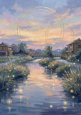 Fireflies Over a Summer River – Japanese Landscape Pastel Wall Art