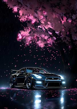 Black Nissan GT-R under Cherry Blossoms