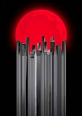 Red Moon Over Futuristic Cityscape