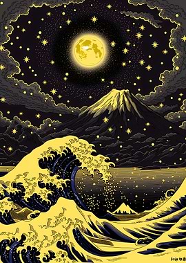 Great Wave Under a Starry Moonlit Sky