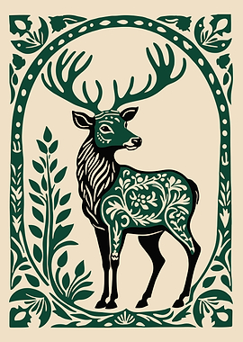 Ornate Green Deer in Floral Frame