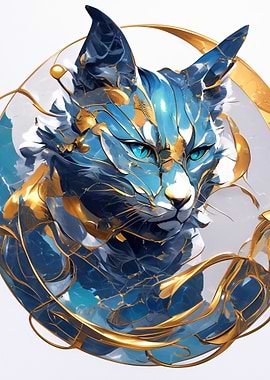 Abstract Blue and Gold Cat Portrait