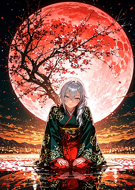 Anime Girl Under Red Moon