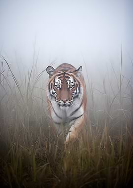Tiger emerging from fog