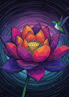Hummingbird and Lotus Flower