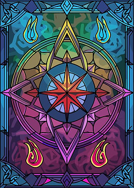 Stained Glass Compass Rose with Flames