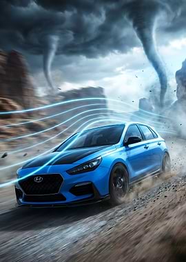 Blue Hyundai i30 N driving through a storm