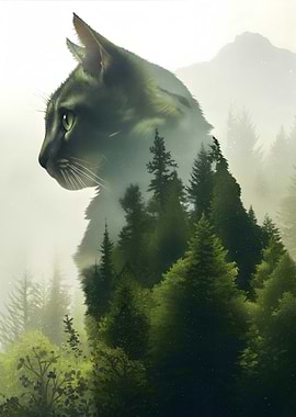 Cat Silhouette Forest Landscape Nature