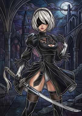 2B with Katana in Ruined City