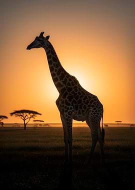 Giraffe silhouetted against sunset