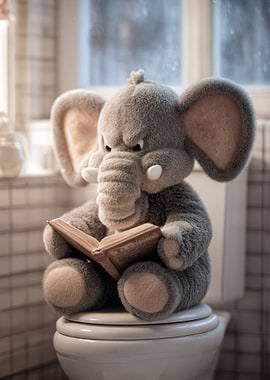 Plush Elephant Reading on Toilet