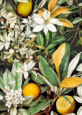 Botanical Citrus and Magnolia Illustration