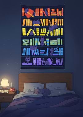 Cozy Bedroom with Cat and Bookshelf