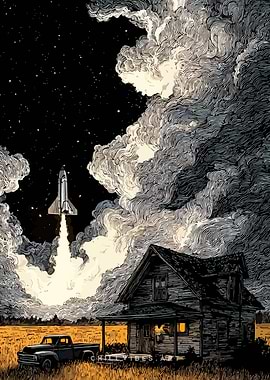 Rocket Launch Over Rural House