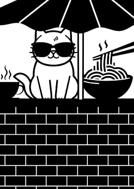 Cool Cat Enjoying Ramen Under an Umbrella