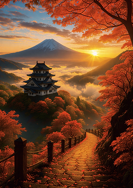 Mount Fuji and Japanese Castle at Sunset