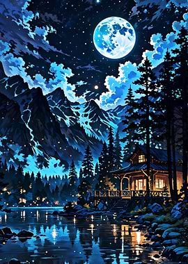 Enchanting Moonlit Mountain Cabin