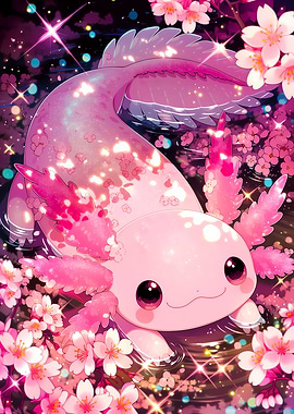 Pink Axolotl with Cherry Blossoms
