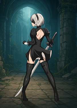 Nier 2B with Sword in Ruins