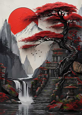 Japanese Landscape with Red Sun and Waterfall