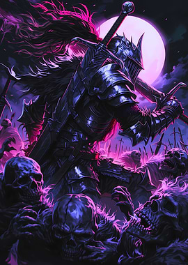 Dark Knight Battling Skeletons Under Moon