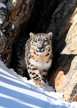 Snow Leopard Emerging from Cave
