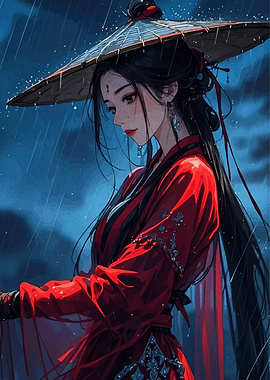Woman in Red Under a Hat in the Rain