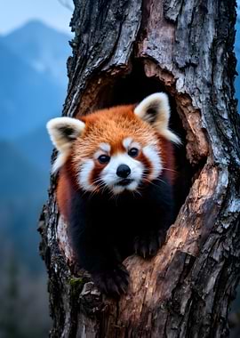 Red Panda Peeking from Tree Hollow