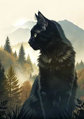 Black Cat in Misty Mountains Forest Nature