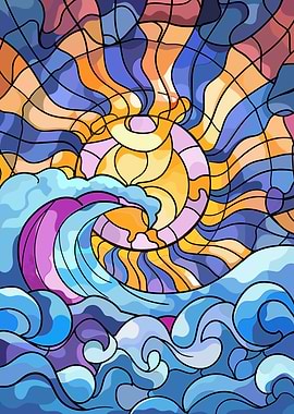 Stained Glass Sun and Waves