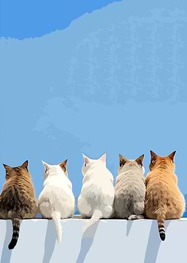 Five Cats Sitting on a Ledge